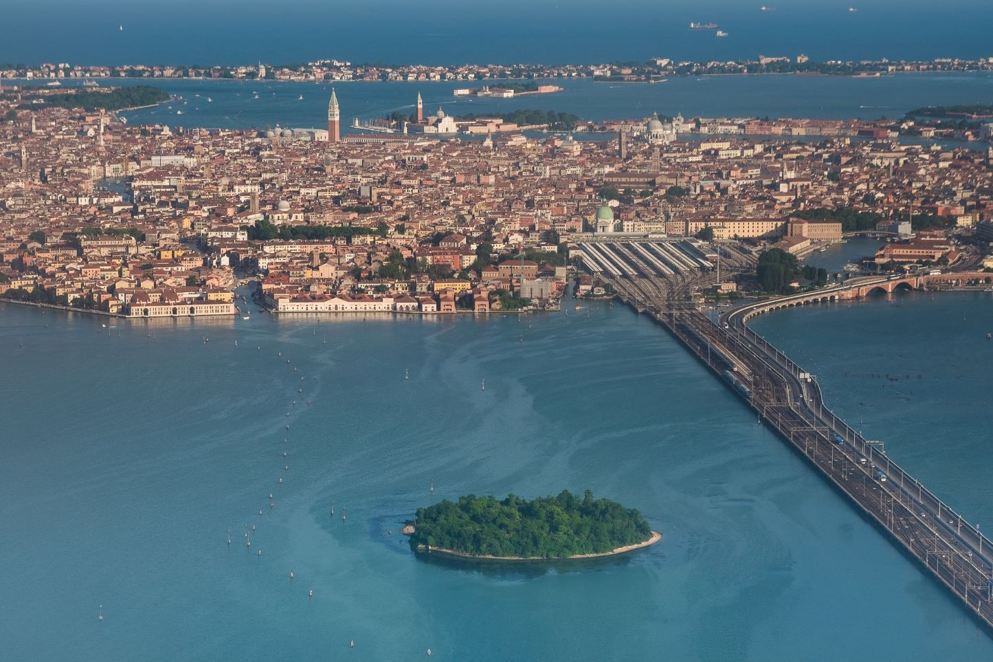 A sight over the historical centre of Venice, Italy, as seen from an airplane approaching to the international Marco Polo airport