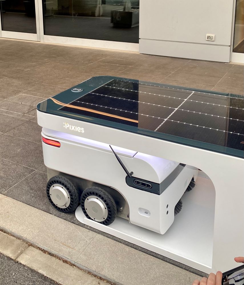 Pixies is composed of independent mobile robots, recharging at solar-powered smart benches