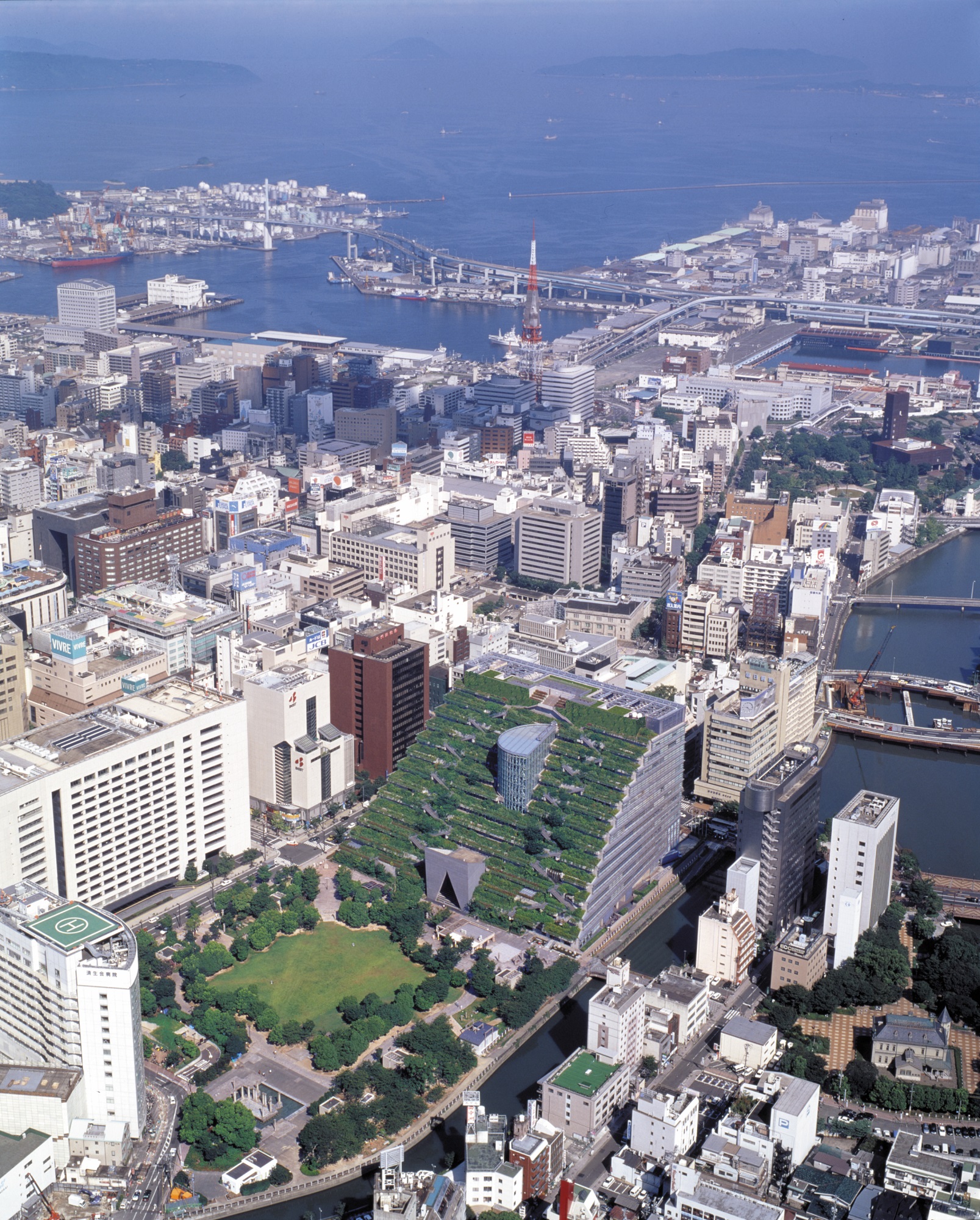 Emilio Ambasz (Argentine, born 1943). Prefectural International Hall, Fukuoka, Japan. 1990. Aerial view. 1990. Collection Emilio Ambasz. Photograph: Hiromi Watanabe