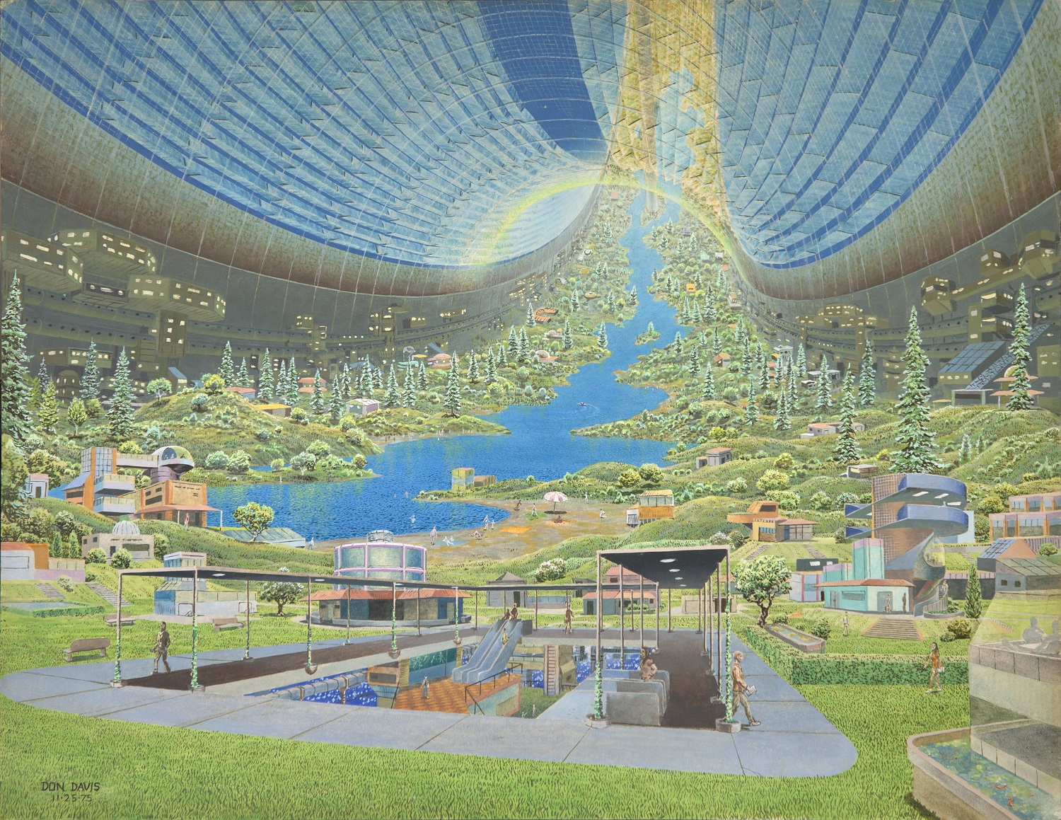 Don Davis (American, born 1952). Stanford torus interior view. 1975. Acrylic on board, 17 × 22″ (43.1 × 55.9 cm). Commissioned by NASA for Richard D. Johnson and Charles Holbrow, eds., Space Settlements: A Design Study (Washington, DC: NASA Scientific and Technical Information Office, 1977). Illustration never used. Collection Don Davis