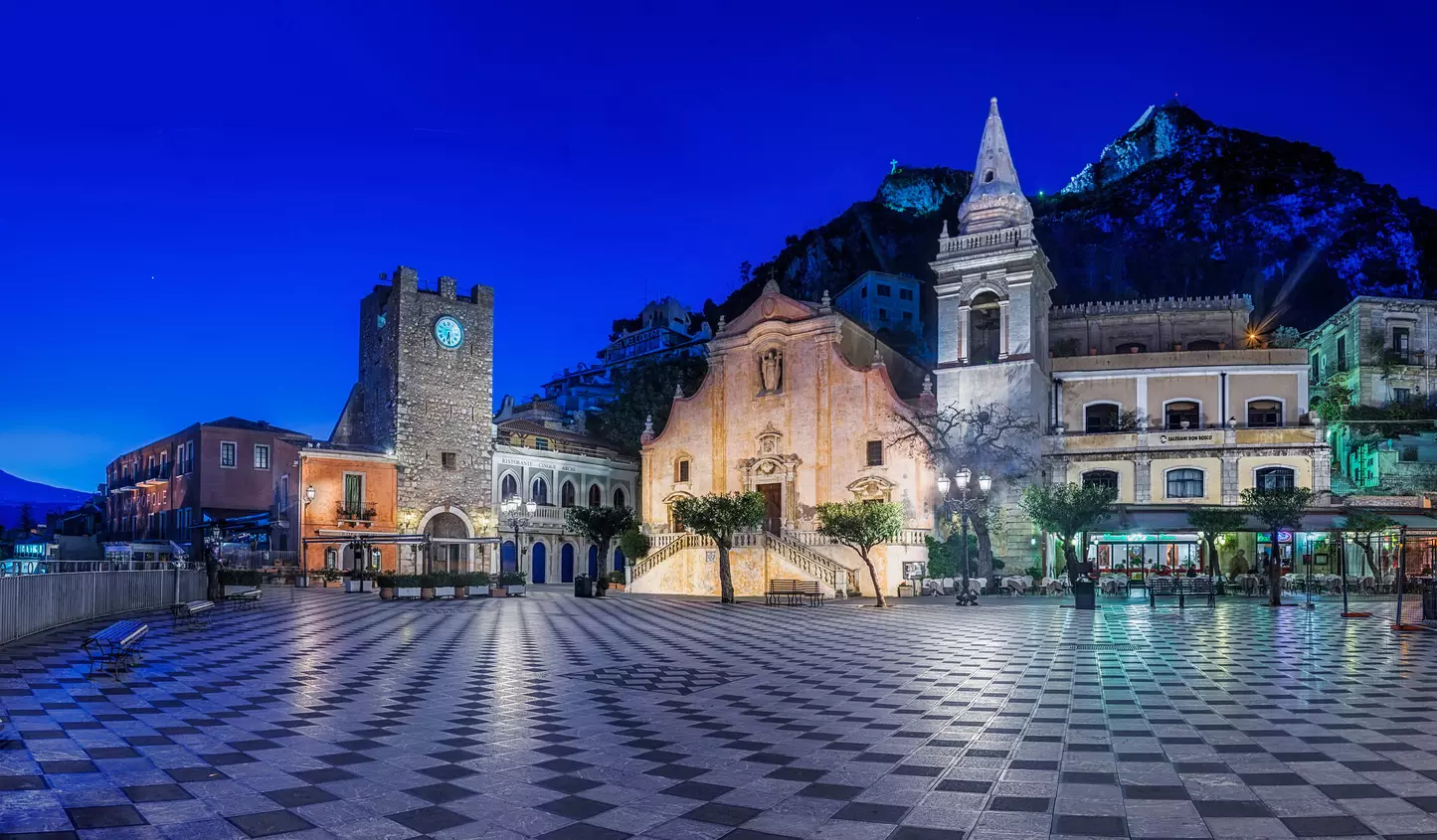   Belvedere of Taormina and San Giuseppe church on the square Piazza IX Aprile in Taormina, Sicily, Italy